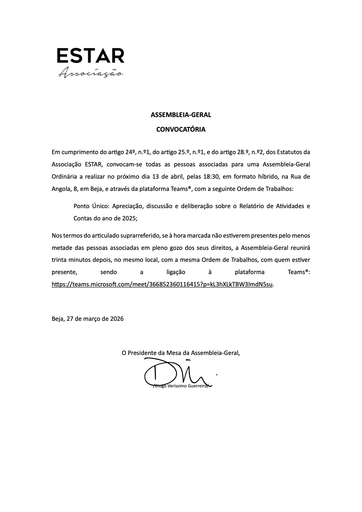 ESTAR: Convocatória para Assembleia-Geral Ordinária