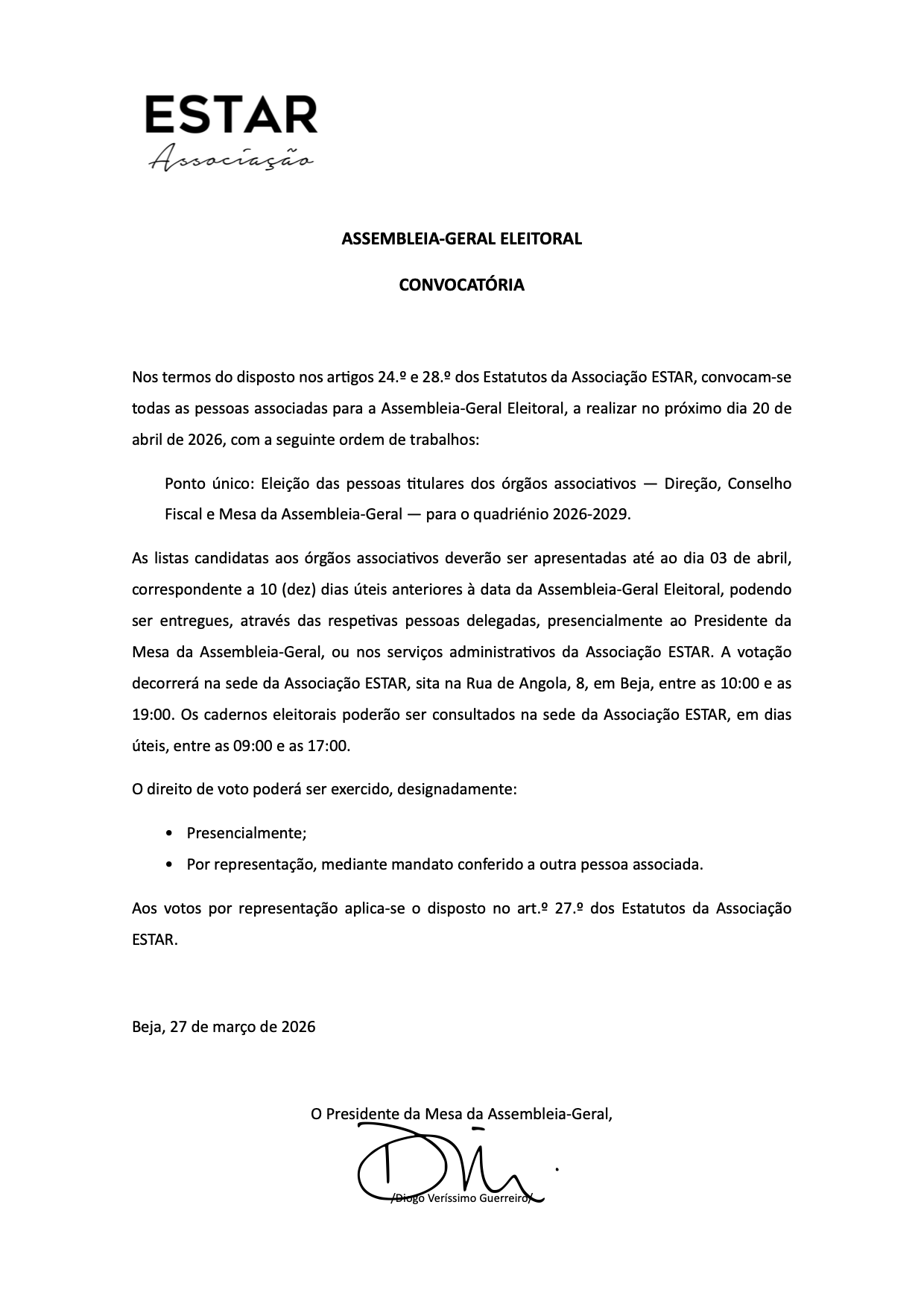 ESTAR: Convocatória para Assembleia-Geral Eleitoral