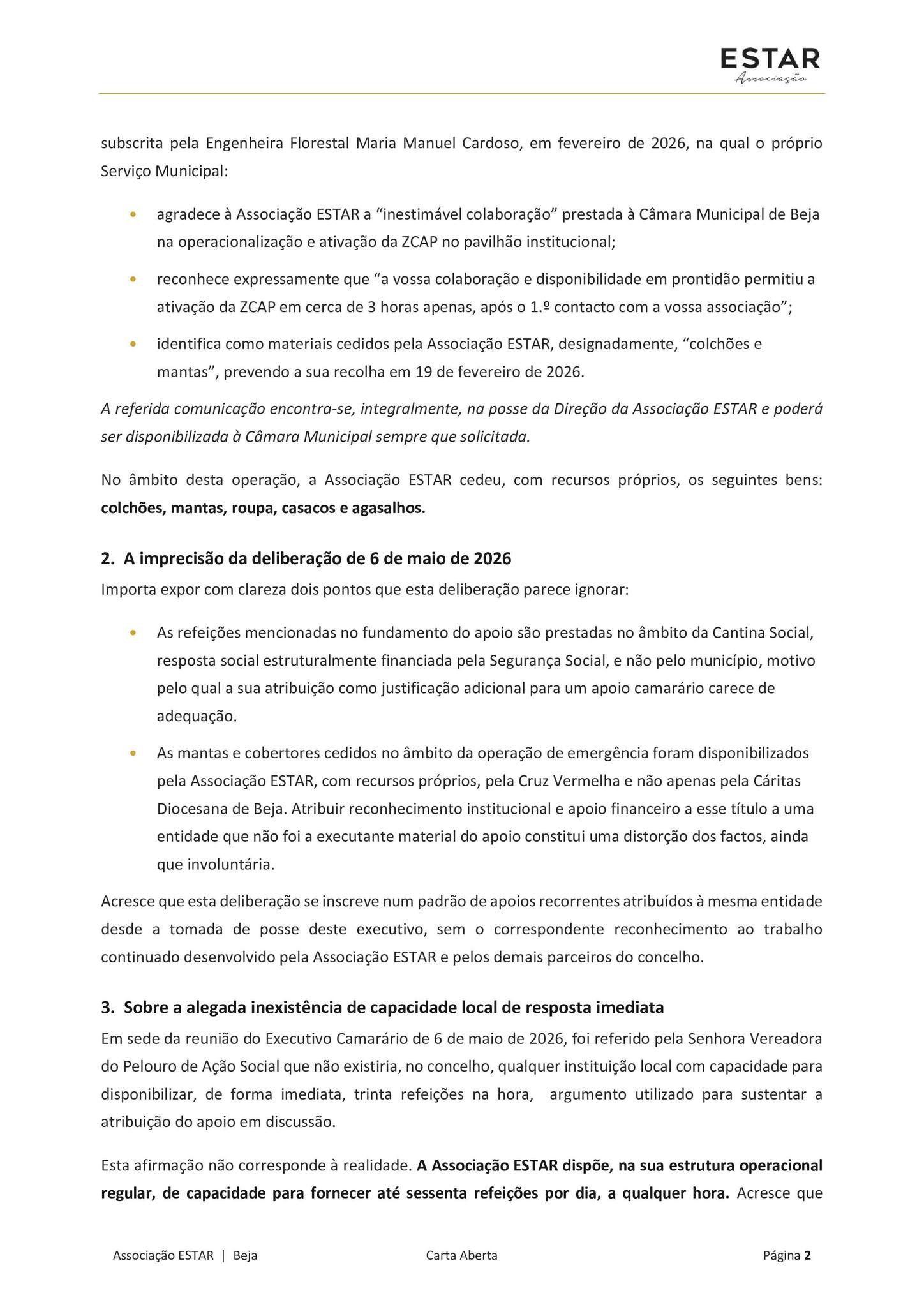 ESTAR: Carta Aberta à Câmara Municipal de Beja